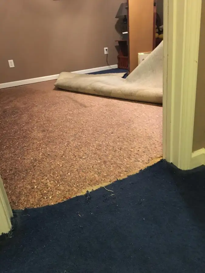 Carpet pad removal revealing water damage during Water Mitigation Services in El Granada